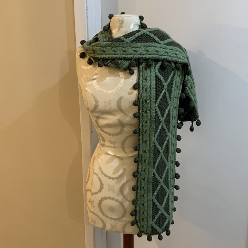 Lara Kazan Wool Grey Green Knit Pom Pom Edges Handmade Long Versatile Scarf